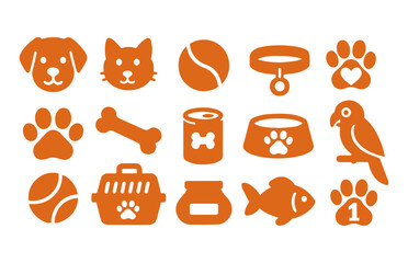 Pet icons. Vector silhouette. Pet accessories elements: bone, paw, leash, food, cat and dog