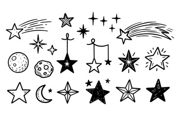 Set of doodle elements, stars, meteorites, moon, hand drawn. Vector eps 10.