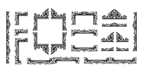 Set of vintage photo frame elements. Hand drawn Victorian retro style. Vector illustration isolated on white