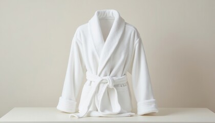 Elegant White Bathrobe Draped Over a Minimalist Table with Soft Lighting in a Neutral Background
