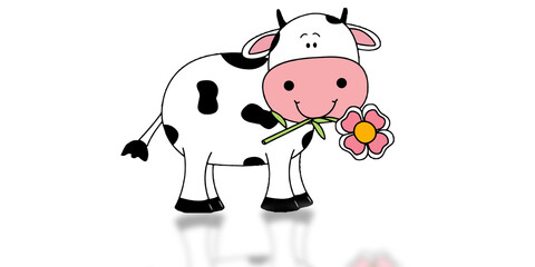 Cute cartoon cow holding flower -Hand drawn animal illustration