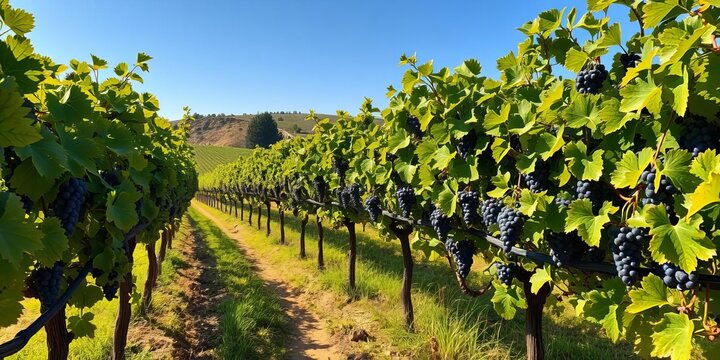 Sun-drenched Galilee vineyard rows, lush green vines laden with ripening grapes,  beverage,  sun