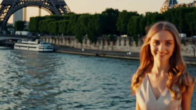 Smiling woman near river at sunset