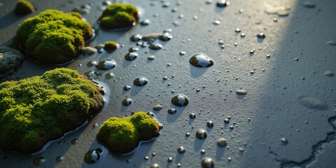 an abstract macro shot of a damp stone surface with moss and water droplets. 