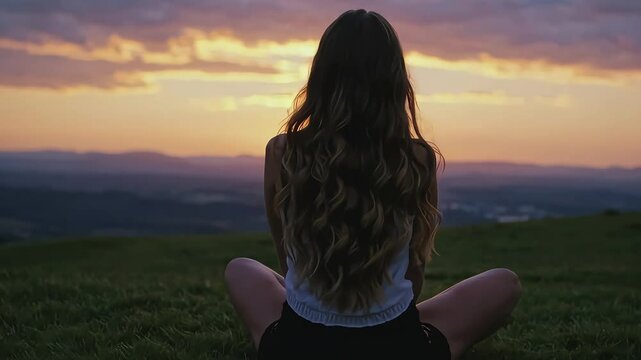 Woman watching sunset on mountain