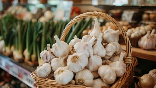 Fresh Garlic in a Woven Basket Surrounded by Green Onions and Vegetables at a Local Market  4k video footage
