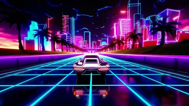 Retro car in neon cyberpunk city