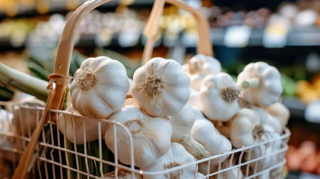 Fresh Garlic Bulbs in a Basket Surrounded by Colorful Produce in a Vibrant Market Setting  4k video footage