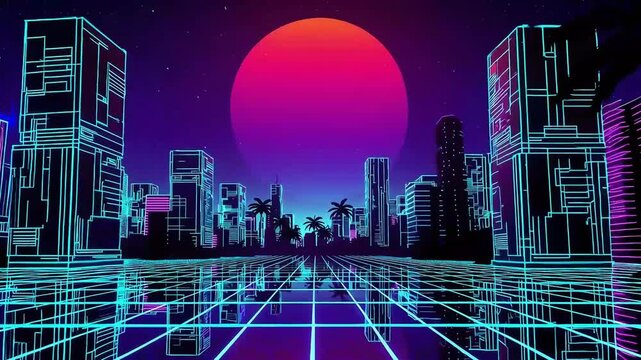 Futuristic neon cityscape at sunset