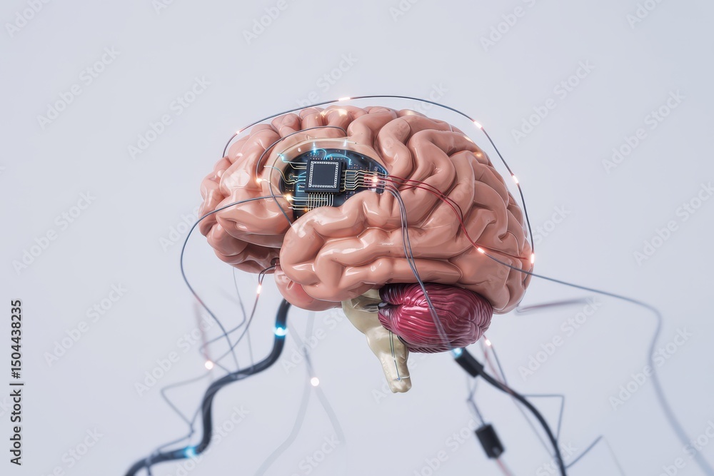 Poster anatomical brain model with integrated circuit and connecting wires view