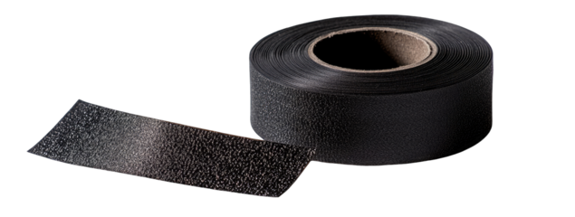 A roll of dark gray, textured adhesive tape partially unwound, showing its rough surface