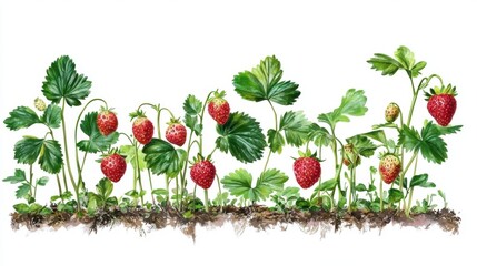 Illustration of a ripe strawberry bushes painted in watercolor	
