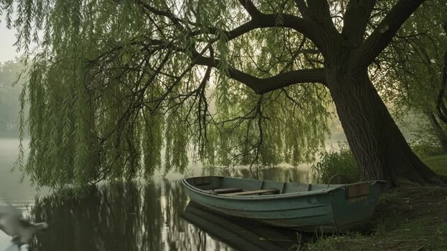 Serene Boat Under Willow Tree at Dawn