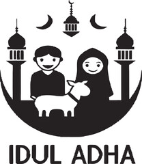 Eid al-Adha Vector Icons Set &ndash; Muslim Family, Mosque, Lantern, and Sacrifice Scenes