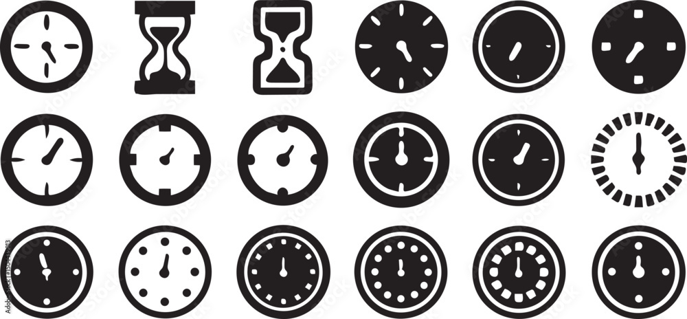 Poster time and clock icon set in minimal line art style