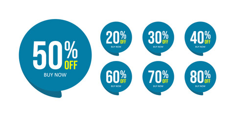 Discount percent stickers. Discount price tags set. Blue round speech bubble shape promote buy now with sell off up to 20, 30, 40, 50, 60, 70, 80 percentage vector illustration isolated on white. 