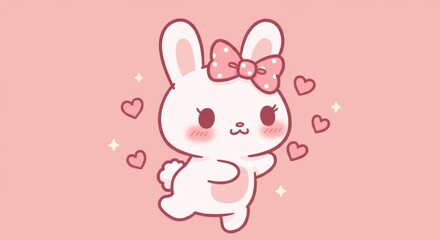Delightful kawaii bunny illustration with bow, hearts, and soft pastel strawberry milk tones
