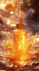 Luxurious Golden Serum Bottle in Water Splash Beauty Product Photography
