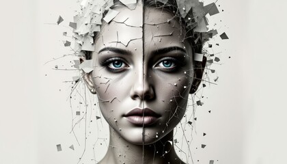 Shattered reality, a portrait of woman with broken face and broken glass, exploring themes of fragility vulnerability