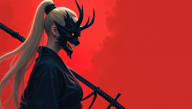 Portrait of Japanese female samurai with blonde long hair, demon mask, katana on red background. Illustration of warrior woman. Digital artwork shows dark fantasy, anime style concept. Perfect for