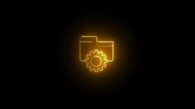 Neon folder with gear icon animation on black background. 4k vedio