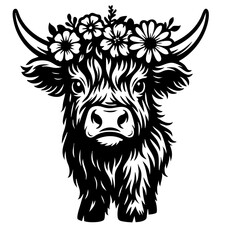 Floral Mountain Cow Vector Black and White Clipart Cut File Svg Silhouette Isolated