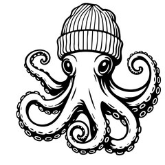 Octopus with Beanie Vector Black and White Clipart Cut File Svg Silhouette Isolated