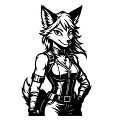 Fox Girl Vector Black and White Clipart Cut File Svg Silhouette Isolated