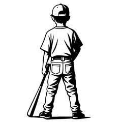 Kid Baseball Player with Bat Vector Black and White Clipart Cut File Svg Silhouette Isolated