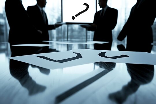 Corporate Meeting: Silhouette Figures, Question Mark, and Abstract Shapes on Table.