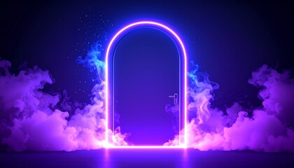 Neon door with smoke, purple glowing portal, futuristic arch gate, magic border with 