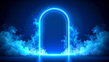 Neon door with smoke, blue glowing portal, futuristic arch gate, magic border with