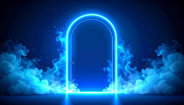 Neon door with smoke, blue glowing portal, futuristic arch gate, magic border with