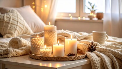 Cozy relaxation, tray with candles and a soft blanket for tranquil evening ambiance