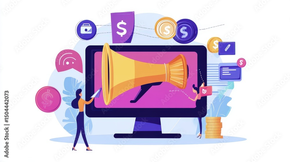 Poster digital marketing strategy using a computer and speakers.