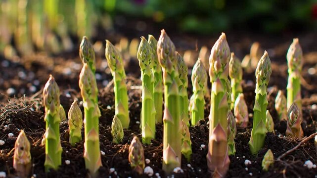 Asparagus Shoots Emerging In Fertile Soil In The Springtime Garden