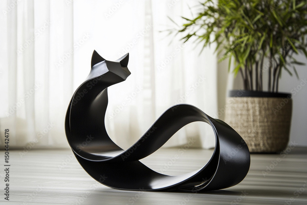 Poster elegant metal cat sculpture in a serene indoor setting generative ai