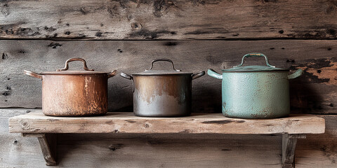Fototapeta premium Vintage cooking pots arranged on rustic wooden shelf Generative AI
