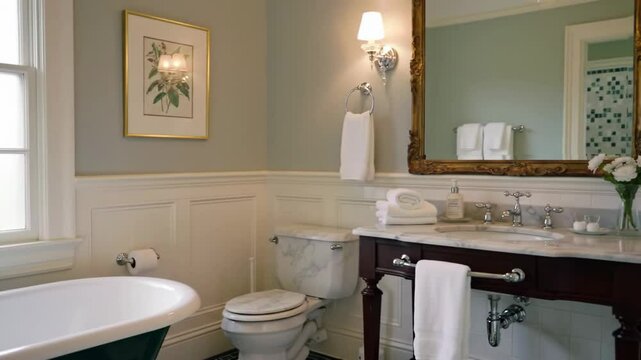 Charming classic bathroom featuring a freestanding tub, vintage-style toilet, and elegant vanity. Perfect for period home showcases or boutique hotel visuals, exuding timeless appeal. 4k 60 fps.