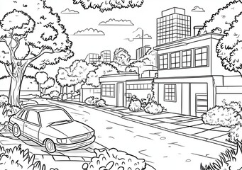 Schizzo di strada residenziale con abitazioni e vegetazione urbana