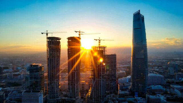 High-angle wide shot of a modern city skyline featuring several skyscrapers under construction with active cranes, backlit by a brilliant sunrise creating a striking sunburst