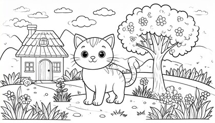 Cute Kitten Coloring Page For Kids Printable. Little Cat In Garden Cartoon Outline 