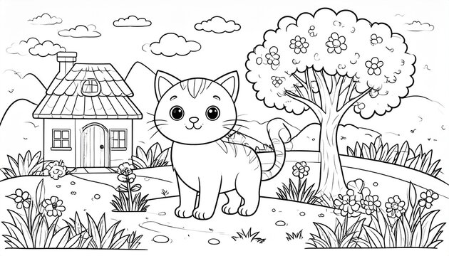 Cute Kitten Coloring Page For Kids Printable. Little Cat In Garden Cartoon Outline