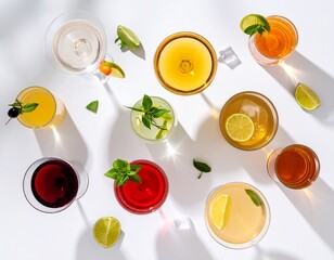 Summer cocktails drinks set. Assortment of multicolored strong and low alcoholic beve 