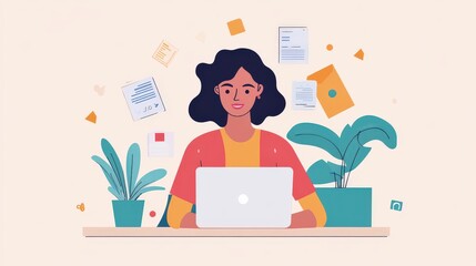 Woman working at a computer surrounded by documents.