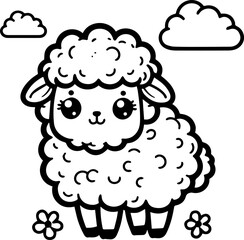 Cute Cartoon Sheep Coloring for Kids – Black and White Animal Line Art