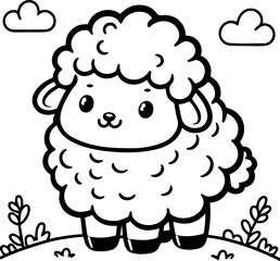 Cute Cartoon Sheep Coloring for Kids – Black and White Animal Line Art