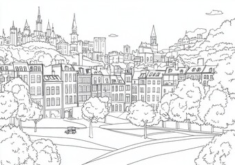 Fototapeta premium Veduta di città in stile schizzo monocromatico