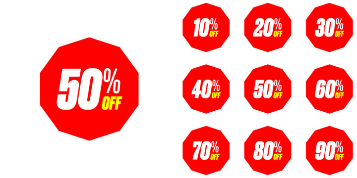 Discount percent stickers. Discount price tags set. Colored Decagonal Shaped Discount Percentage tags with sell up to 10%, 20% ,30%, 40%, 50%, 60%, 70%, 80%, 90%. Editable EPS file.