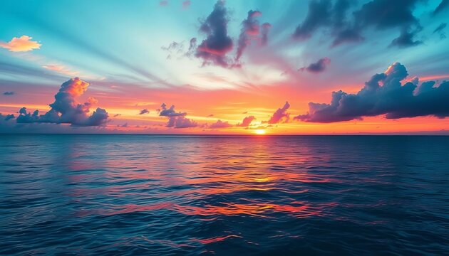 Vibrant sunset over calm ocean, retirement bliss, travel, idyllic